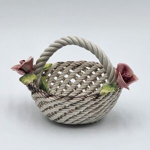 Vintage Capodimonte Woven Porcelain Basket 3D Floral Accents Intricate Delicate